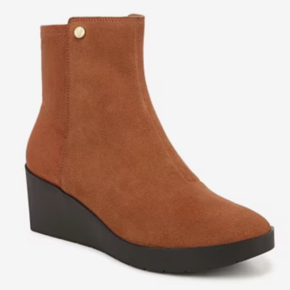 Vionic Skylar Wedge Bootie Brown Water-Repellent Suede Comfort Ankle Boots